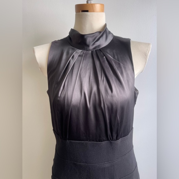 Donna Ricco NY Black Satin Sleeveless Bandage Dress 8 Bodycon High Neck Bow - Picture 2 of 5
